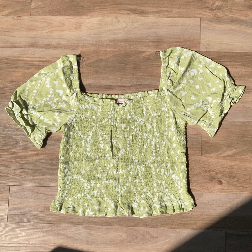 So crop top smocked puff sleeve boho casual butterfly abstract print L jrs - Picture 13 of 16